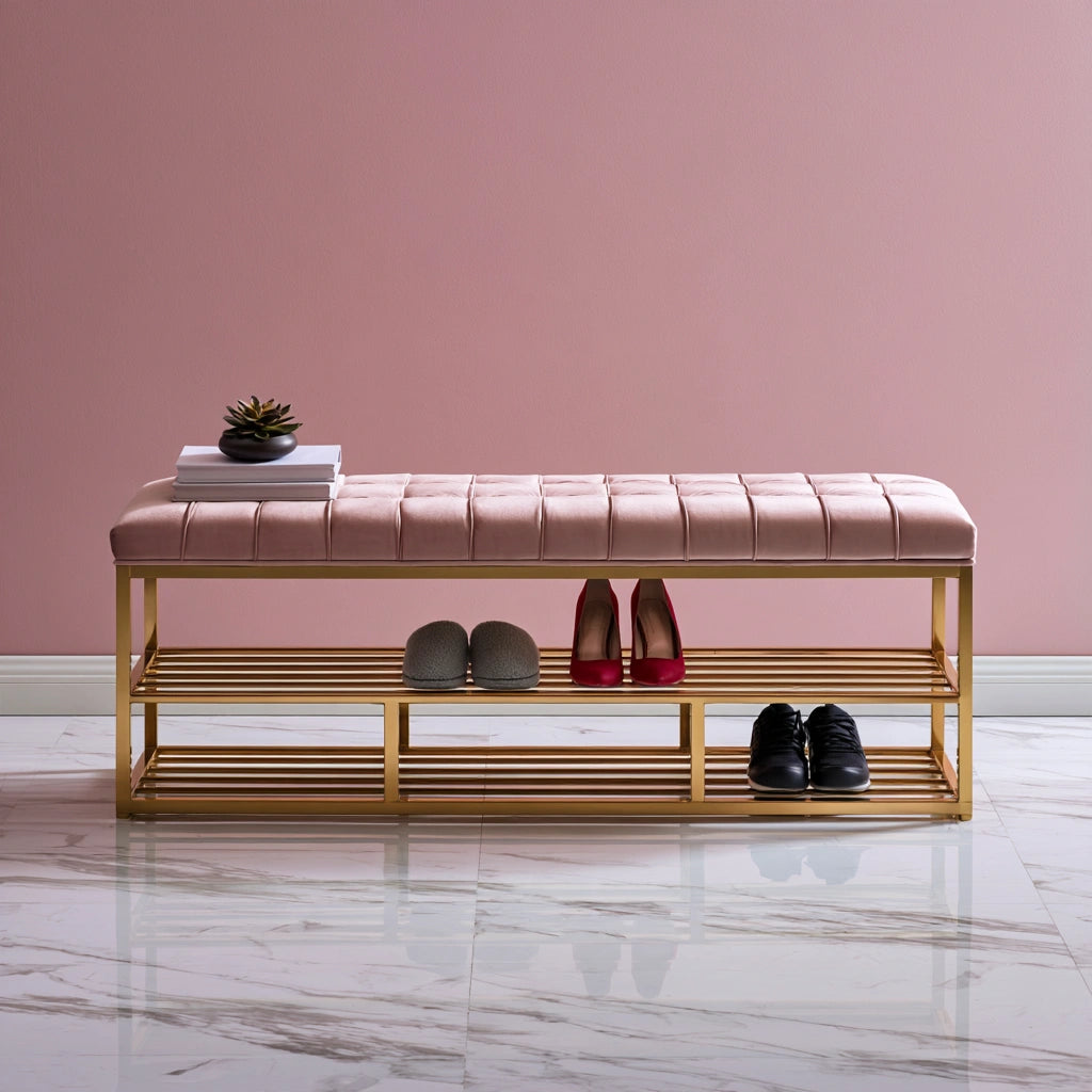 Schuhbank mit Stauraum, mit Stoffbezug, Farbe: hellrosa