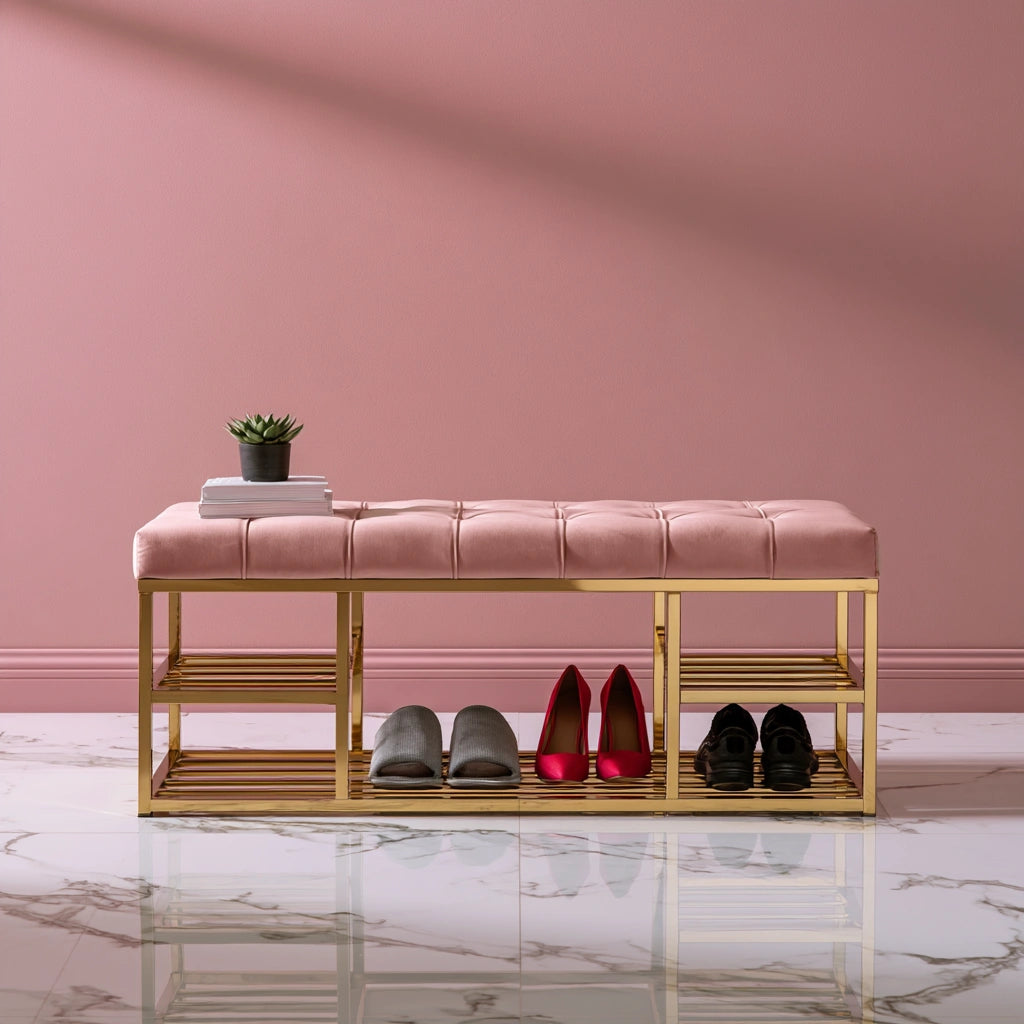 Schuhbank mit Stauraum, mit Stoffbezug, Farbe: hellrosa