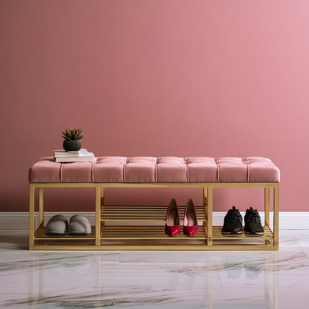Schuhbank mit Stauraum, mit Stoffbezug, Farbe: hellrosa